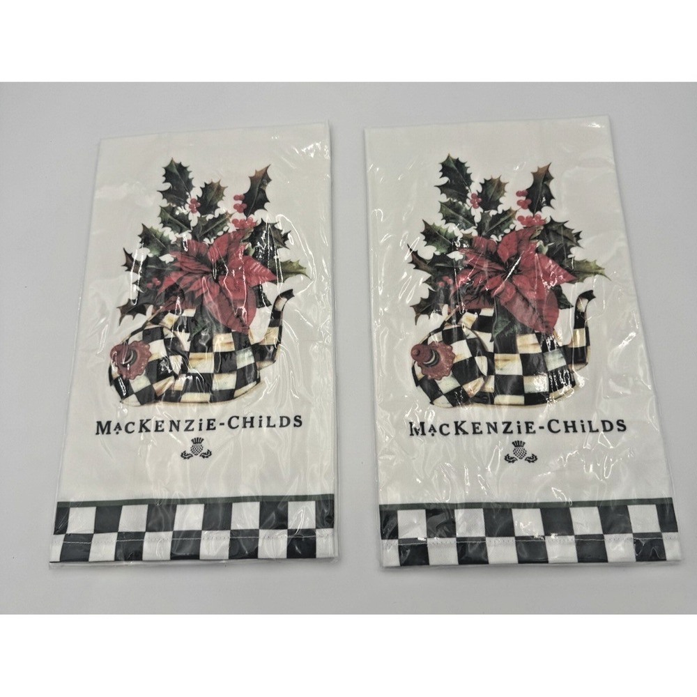 NEW MacKenzie-Childs Tulip Tea Kettle Dish Towels Set of 2 Courtly Check 18x26